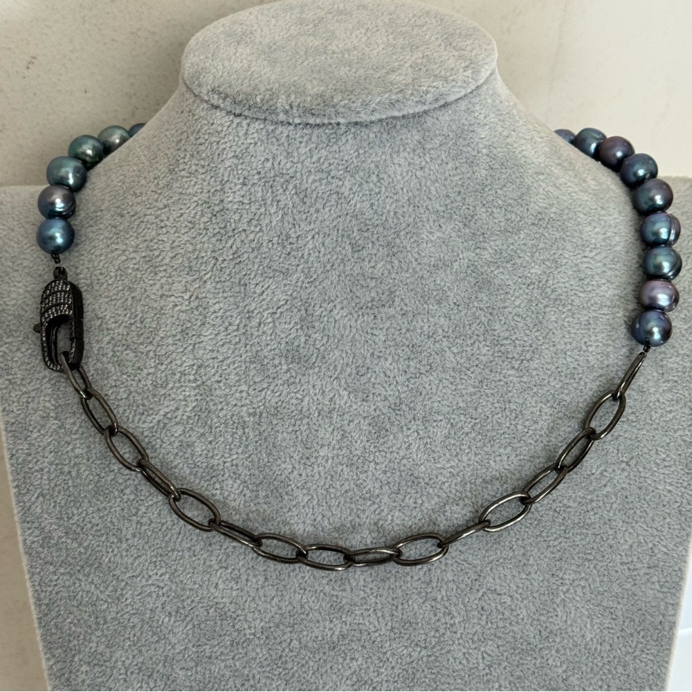 Artisan Black Sterling Silver Gray Pearl Metal Chain Diamond Necklace NEW - Picture 5 of 17